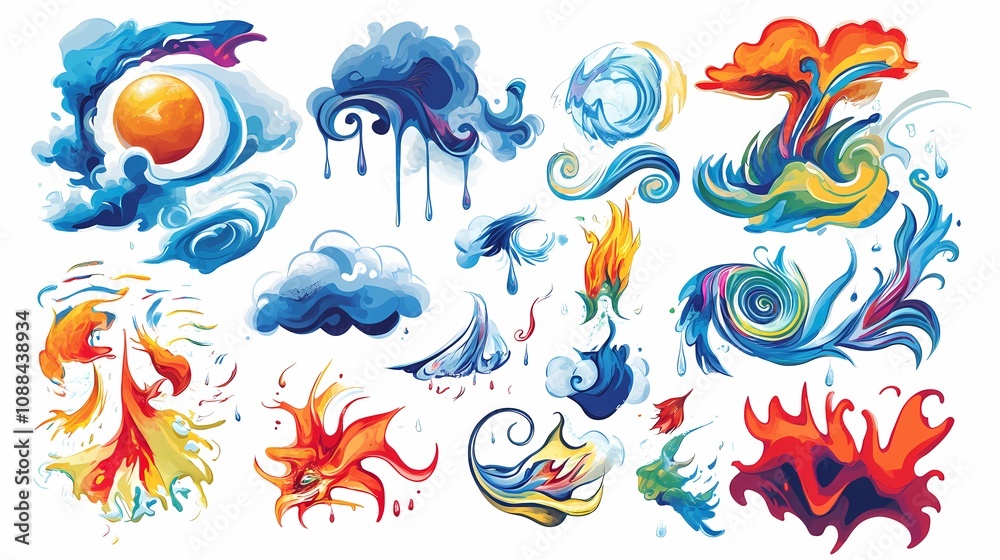Colorful and Artistic Abstract Elements Featuring Clouds, Waves, Fire, and Water Design in Vibrant Shades Combining Nature's Power and Beauty Colorful and Artistic Abstract Elements Featuring Clouds, Waves, Fire, and Water Design in Vibrant Shades Combining Nature's Power and Beauty