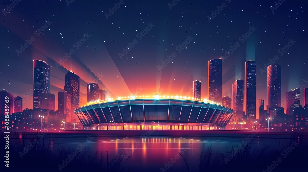 Obraz premium Vibrant Night Scene of a Modern Stadium Surrounded by a Stunning Cityscape under a Starry Sky and Colorful Lights Reflecting on Water