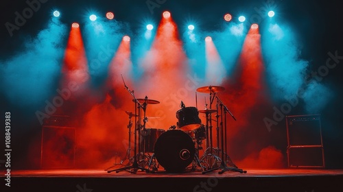 Dramatic stage drum kit setup. Perfect for concert, music, and performance themes.