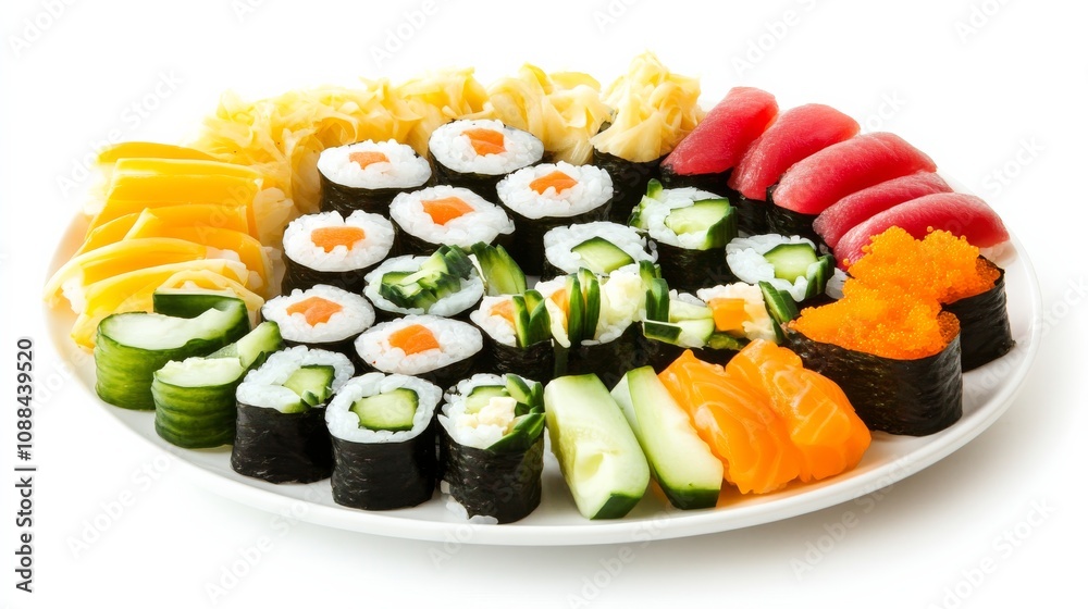 A plate of colorful vegetable sushi rolls with avocado, cucumber, carrot A plate of colorful vegetable sushi rolls with avocado, cucumber, carrot