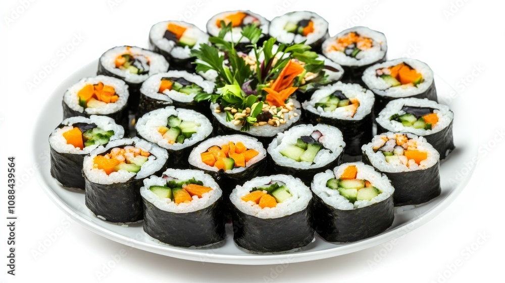 A plate of colorful vegetable sushi rolls with avocado, cucumber, carrot A plate of colorful vegetable sushi rolls with avocado, cucumber, carrot