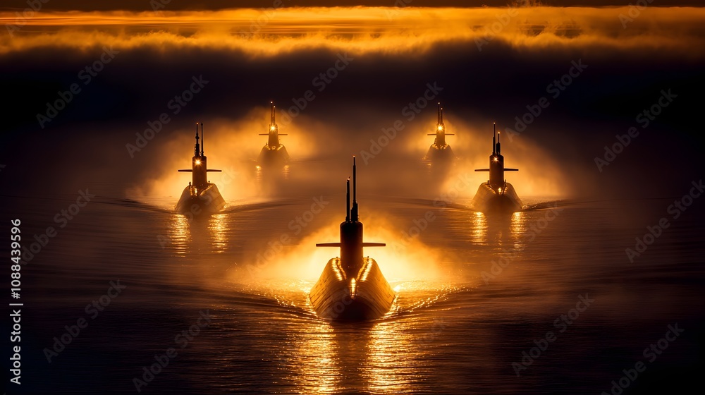 A fleet of submarines emerging through thick mist, calm waters and soft light creating a balance of strength and tranquility, evocative scene A fleet of submarines emerging through thick mist, calm waters and soft light creating a balance of strength and tranquility, evocative scene