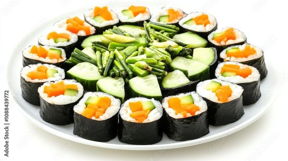 A plate of colorful vegetable sushi rolls, Each roll filled with a variety of fresh, crunchy vegetables A plate of colorful vegetable sushi rolls, Each roll filled with a variety of fresh, crunchy vegetables
