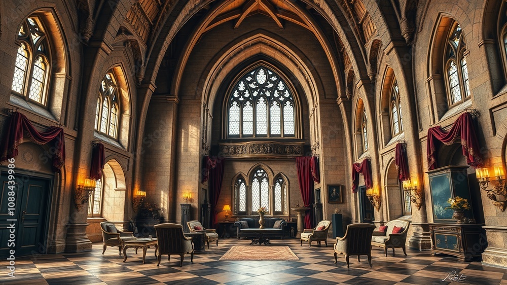 A grand hall in a medieval castle features ornate stone carvings, Gothic arches, and intricately patterned tapestries, A grand hall in a medieval castle features ornate stone carvings, Gothic arches, and intricately patterned tapestries,