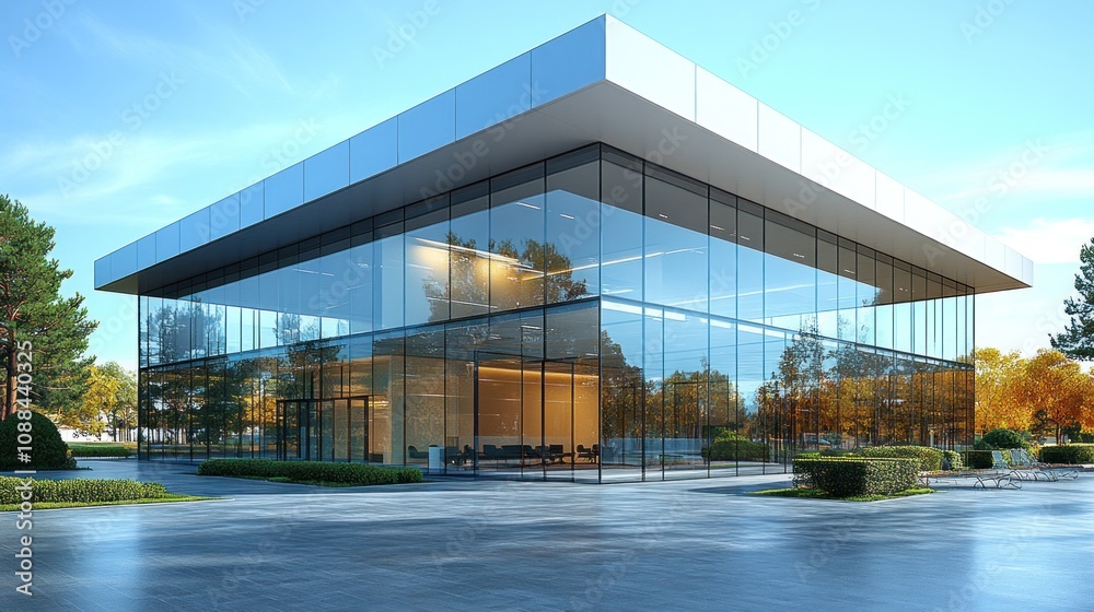 Obraz premium Modern glass building surrounded by landscaped greenery.