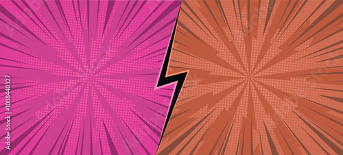 Comic background featuring contrasting purple and brown panels with radial burst effects, separated by a bold lightning bolt. Ideal for graphic novels, superhero themes, promotional designs, pop-art.