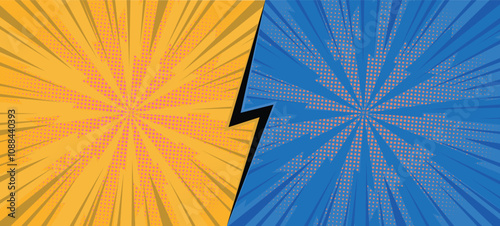 Comic background featuring contrasting orange and blue panels with radial burst effects, separated by a bold lightning bolt. Ideal for graphic novels, superhero themes, promotional designs, pop-art.