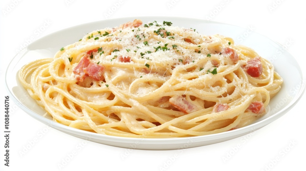 A plate of creamy carbonara pasta with spaghetti, pancetta, Parmesan cheese A plate of creamy carbonara pasta with spaghetti, pancetta, Parmesan cheese