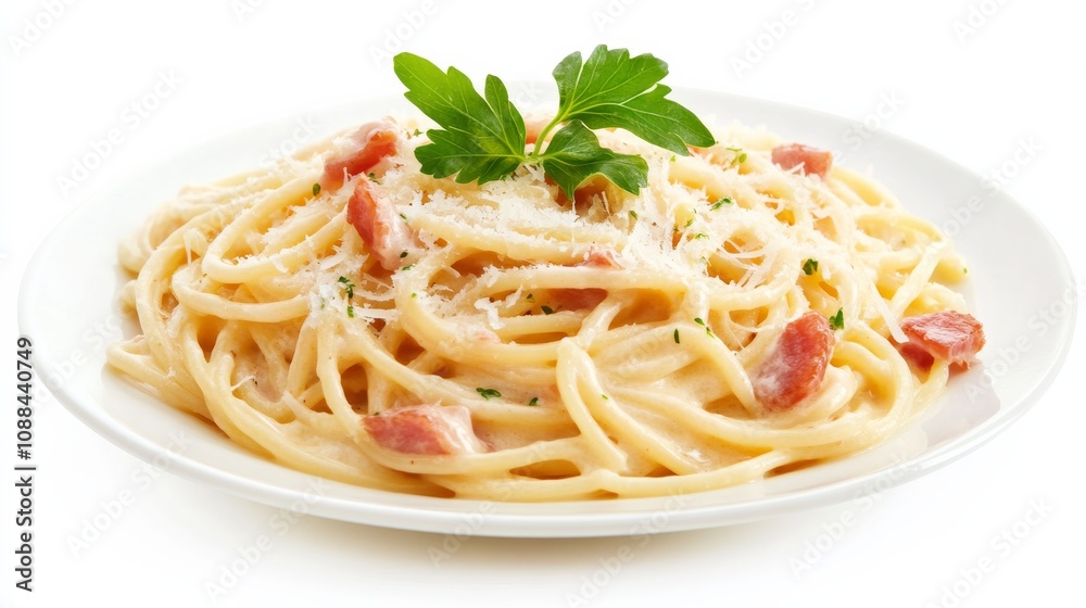A plate of creamy carbonara pasta with spaghetti, pancetta, Parmesan cheese A plate of creamy carbonara pasta with spaghetti, pancetta, Parmesan cheese