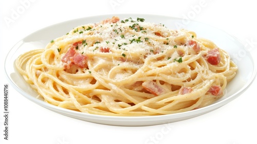 A plate of creamy carbonara pasta with spaghetti, pancetta, Parmesan cheese