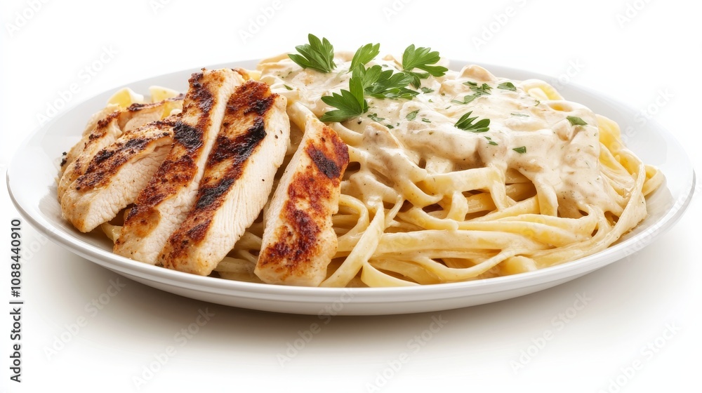 A plate of creamy chicken Alfredo pasta with fettuccine, grilled chicken breast strips, and a rich Alfredo sauce A plate of creamy chicken Alfredo pasta with fettuccine, grilled chicken breast strips, and a rich Alfredo sauce