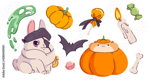 Playful Halloween set with kawaii bunny wearing pirate costume headband with bat, ghost and hamster in pumpkin, candy lollipop and bone, burning candle and gourd. Cute kids decorative elements.