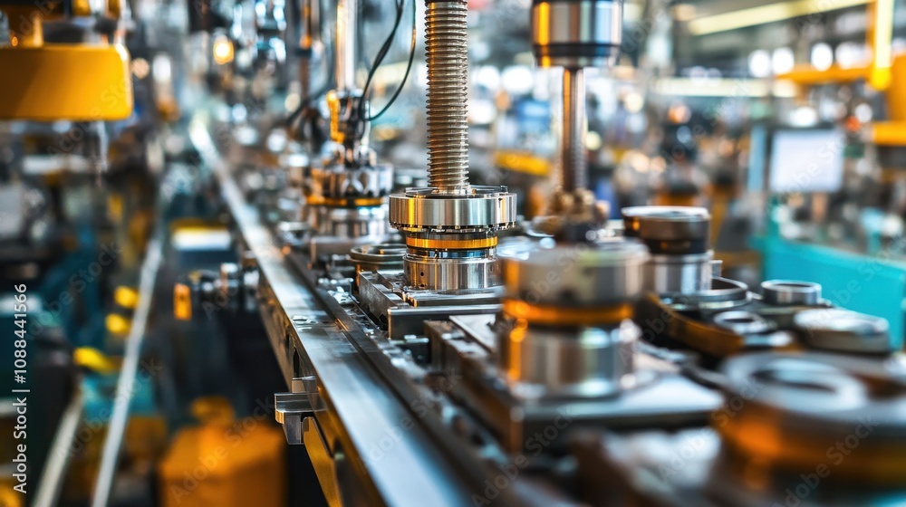 A close-up view of an industrial conveyor system in a manufacturing facility. A close-up view of an industrial conveyor system in a manufacturing facility.