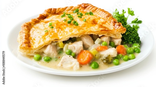 A plate of creamy chicken pot pie with tender chicken, mixed vegetables, and a flaky puff pastry crust