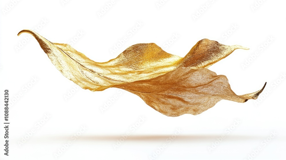 Fototapeta premium Golden Leaf Floating in Air with White Background, Symbolizing Nature's Beauty and Natural Elegance in an Artistic and Minimalist Style