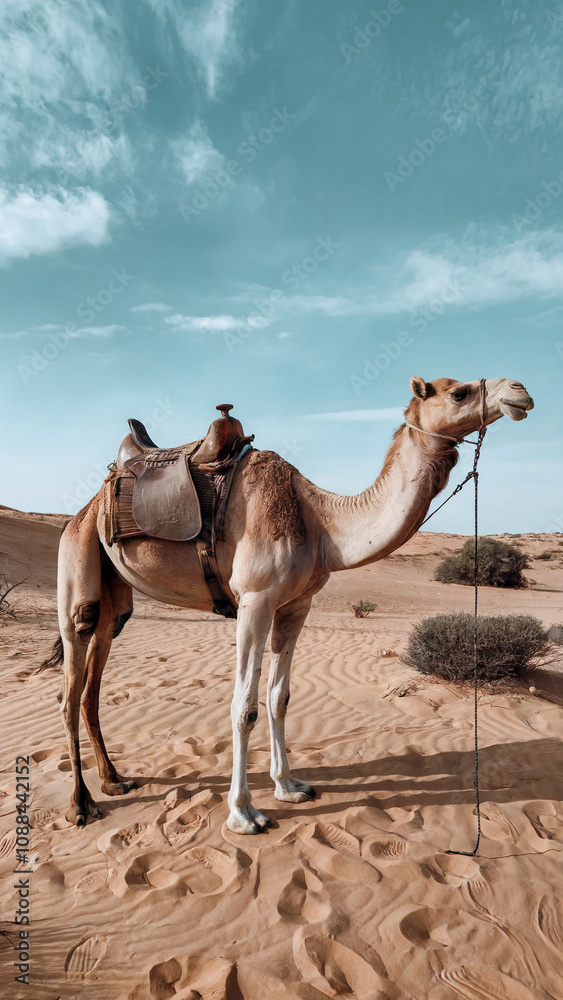 Camel is standing in the desert with a saddle on its back Camel is standing in the desert with a saddle on its back