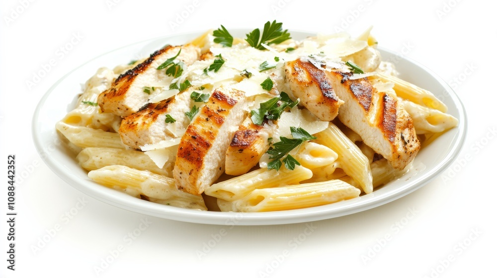A plate of creamy garlic parmesan chicken pasta with penne, grilled chicken, and a rich parmesan sauce A plate of creamy garlic parmesan chicken pasta with penne, grilled chicken, and a rich parmesan sauce
