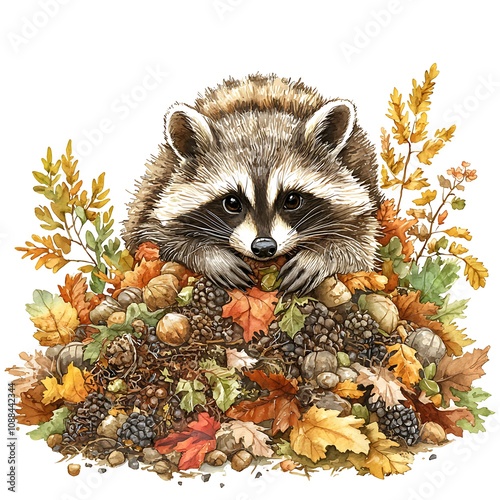 Adorable Raccoon Amidst Autumn Leaves and Nuts Watercolor Illustration. This charming watercolor painting depicts a cute raccoon nestled in a pile of colorful autumn leaves, acorns, and pine cones. photo