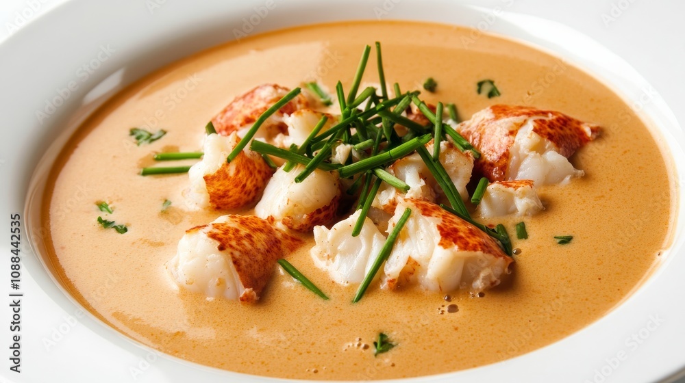 A plate of creamy lobster bisque soup garnished with lobster chunks and chives, Each spoonful filled with rich and luxurious flavors A plate of creamy lobster bisque soup garnished with lobster chunks and chives, Each spoonful filled with rich and luxurious flavors