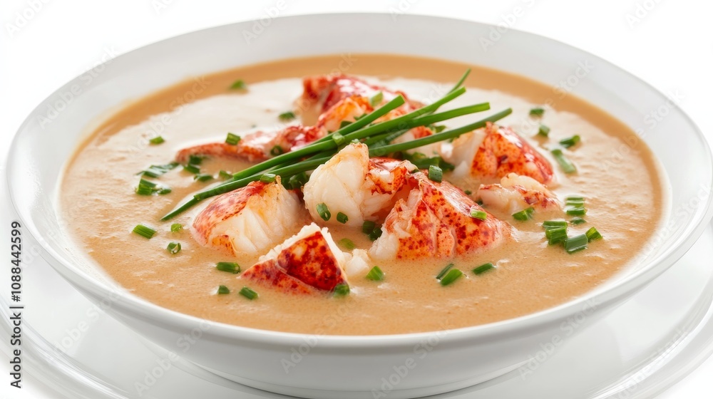 A plate of creamy lobster bisque soup garnished with lobster chunks and chives, Each spoonful filled with rich and luxurious flavors A plate of creamy lobster bisque soup garnished with lobster chunks and chives, Each spoonful filled with rich and luxurious flavors