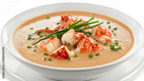 A plate of creamy lobster bisque soup garnished with lobster chunks and chives, Each spoonful filled with rich and luxurious flavors