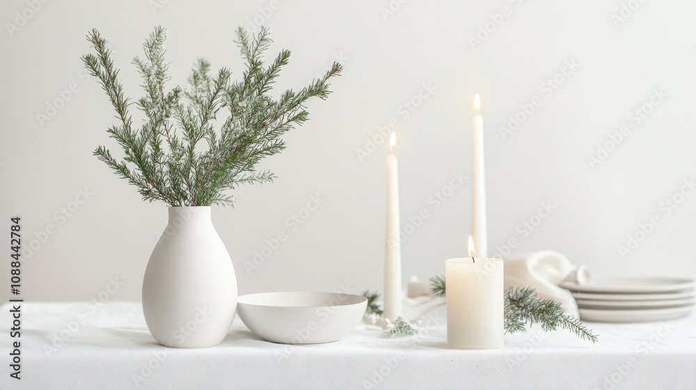 A clean, modern Christmas table setting with a simple white picture A clean, modern Christmas table setting with a simple white picture