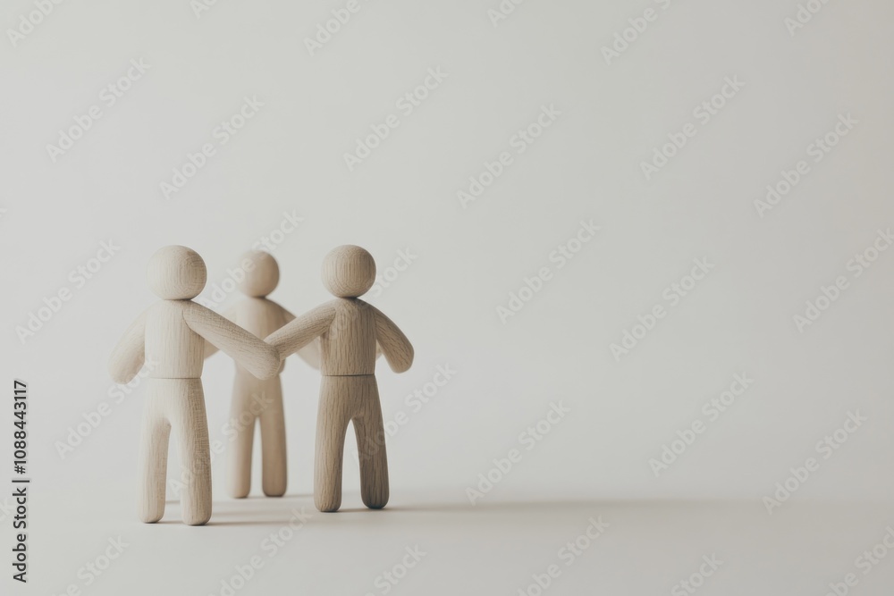 Unity and Teamwork: Wooden Figurines in a Circle Against Minimalist Background for Collaboration Concept Unity and Teamwork: Wooden Figurines in a Circle Against Minimalist Background for Collaboration Concept