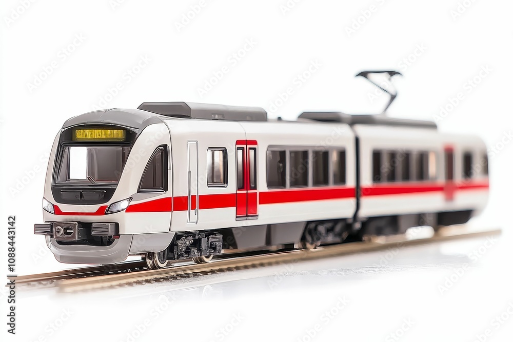 White train with red stripe on tracks. White train with red stripe on tracks.