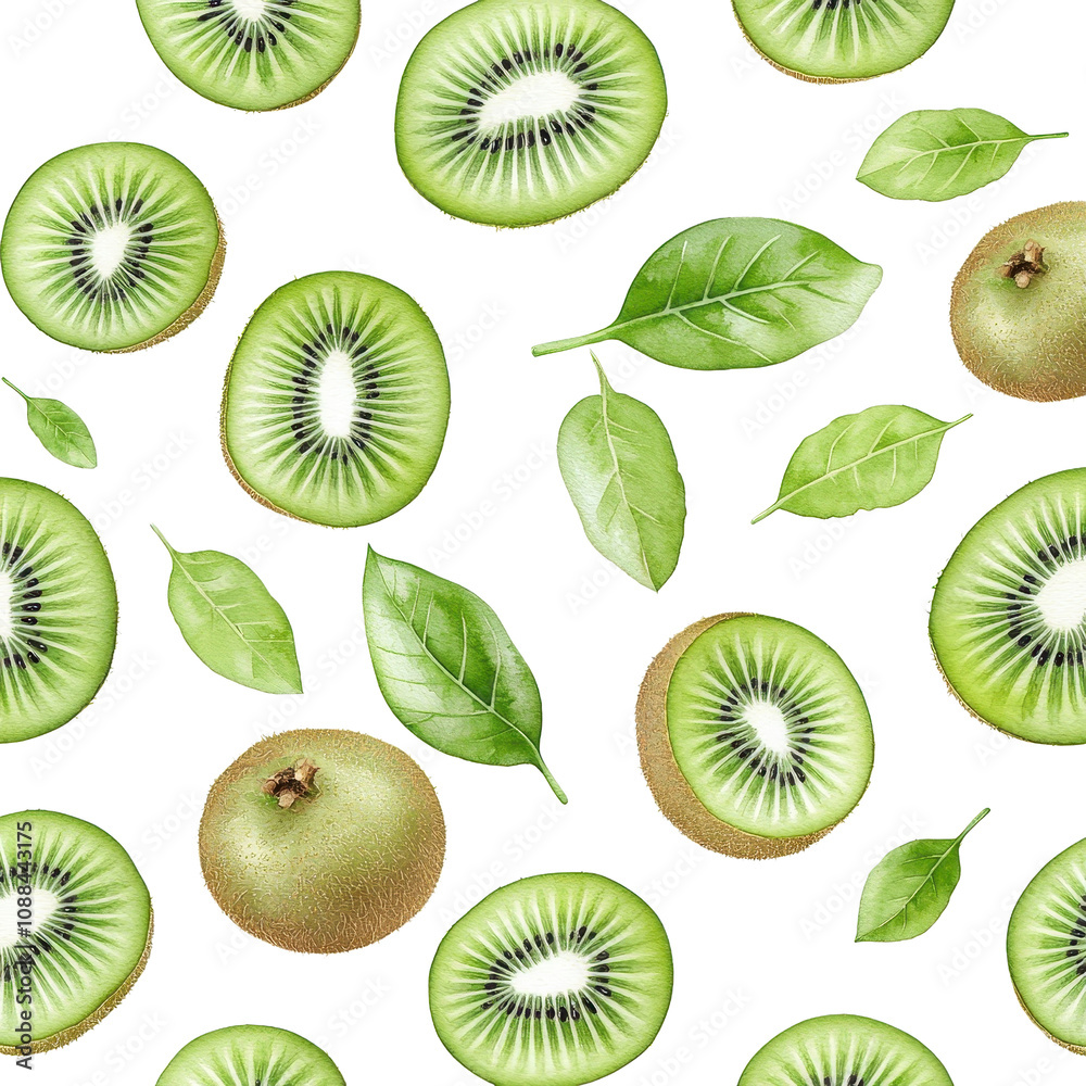 Fototapeta premium Watercolor seamless pattern of kiwi fruits, isolated on a white background. png