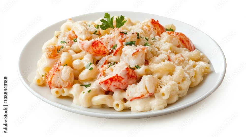 A plate of creamy lobster mac and cheese with tender lobster meat, macaroni pasta, and a creamy cheese sauce A plate of creamy lobster mac and cheese with tender lobster meat, macaroni pasta, and a creamy cheese sauce