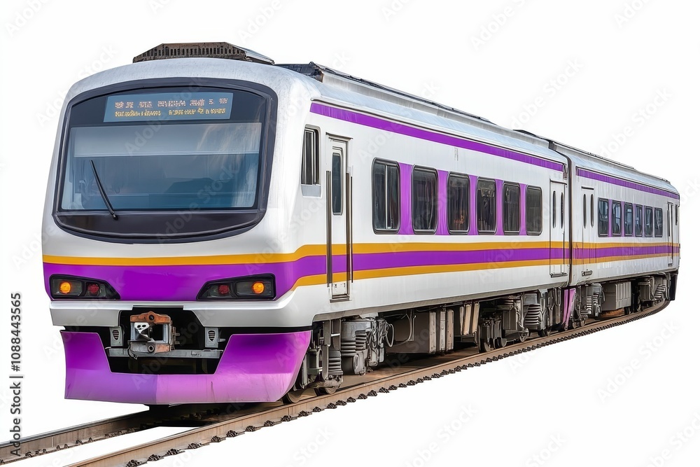 Fototapeta premium Purple and white train on tracks.