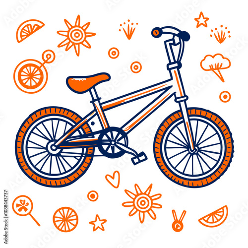 Summer Bicycle Adventure:  A cheerful, hand-drawn illustration of a blue and orange bicycle surrounded by sun, stars, and other playful elements.  Perfect for summer vibes, kids.