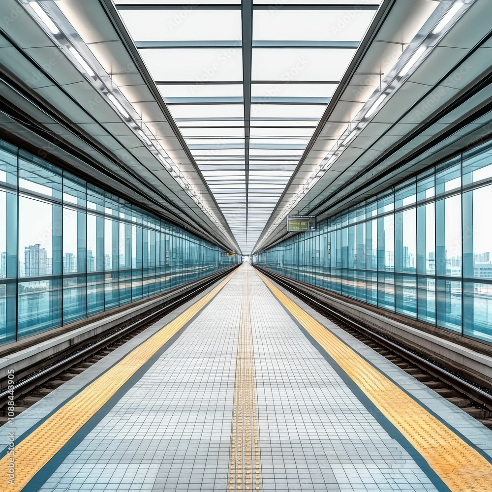 Obraz premium Empty train station platform with glass walls.