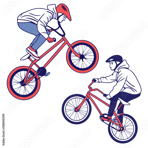 BMX Riders in Action:  Two energetic BMX riders, one mid-air, one on a wheelie, capture the spirit of adrenaline-fueled action sports.  A vibrant illustration highlighting the thrill of biking.