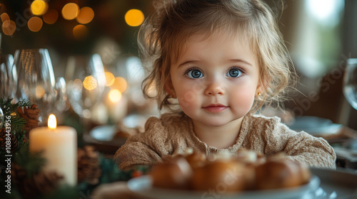 Cute Baby Against Sparkling Christmas Lights