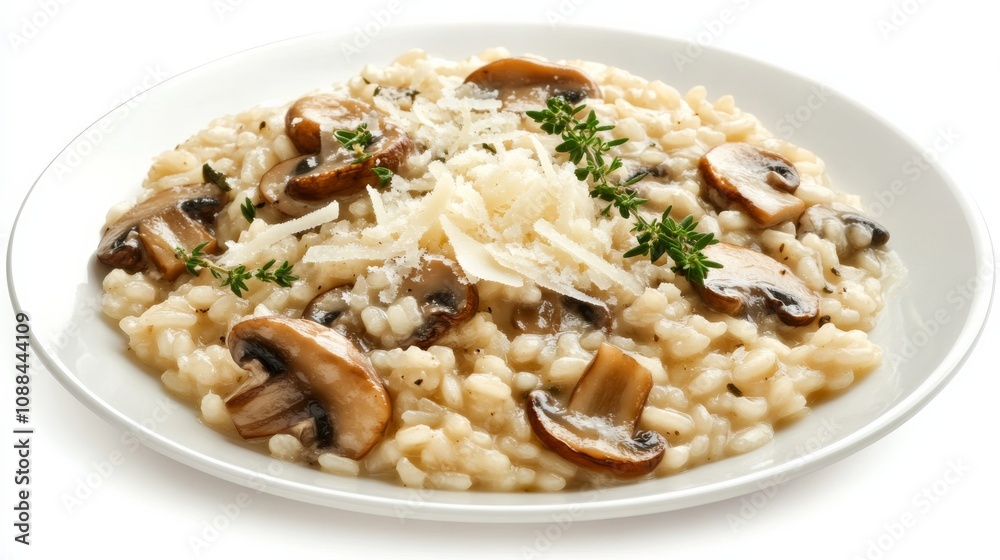 A plate of creamy mushroom risotto with Arborio rice, mixed mushrooms, Parmesan cheese A plate of creamy mushroom risotto with Arborio rice, mixed mushrooms, Parmesan cheese