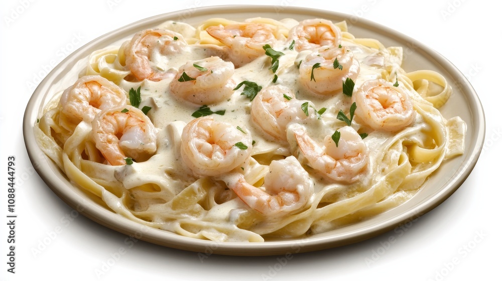 A plate of creamy shrimp Alfredo pasta with fettuccine, sautéed shrimp, and a rich Parmesan cream sauce A plate of creamy shrimp Alfredo pasta with fettuccine, sautéed shrimp, and a rich Parmesan cream sauce