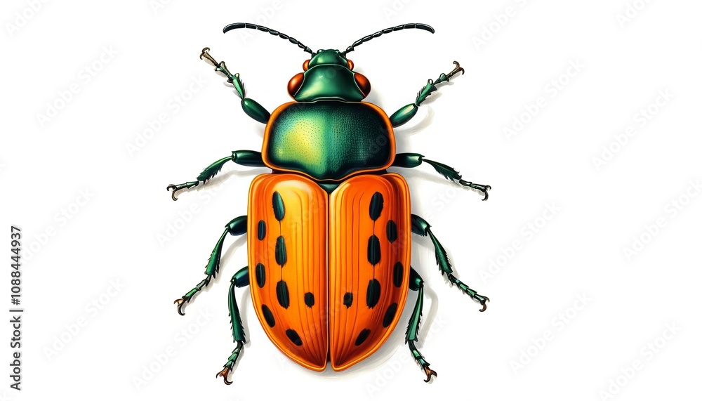 Vibrant orange and green beetle with black spots on white background Vibrant orange and green beetle with black spots on white background