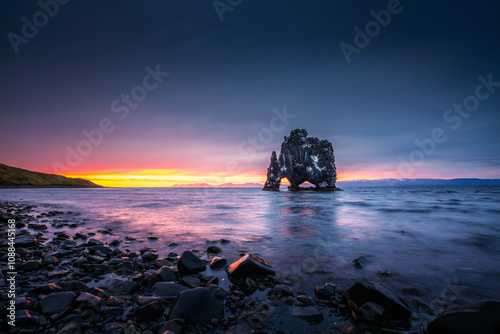Gorgeous Hvitserkur rock formations in the sea on the Atlantic coast. Location place Troll, Northwest Iceland, Hunafloi Bay, Europe. photo