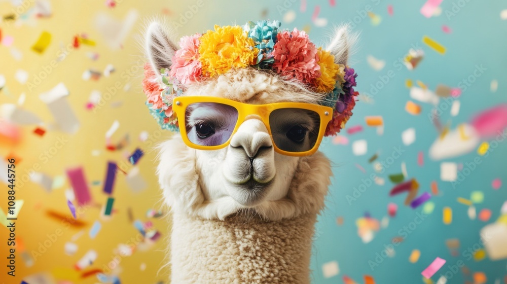 A fluffy alpaca wearing a vibrant flower crown and a pair picture A fluffy alpaca wearing a vibrant flower crown and a pair picture