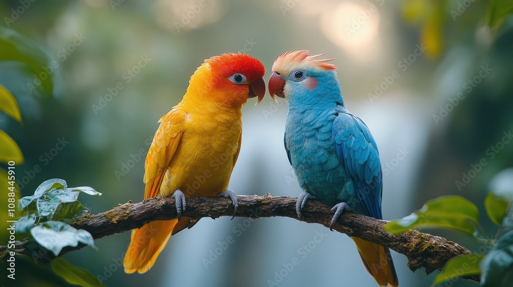 Obraz premium Two Colorful Parrots Perched on a Branch