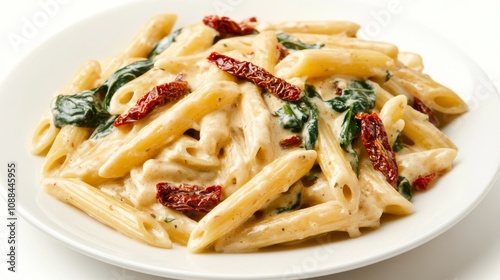 A plate of creamy sun-dried tomato and spinach pasta with penne, sun-dried tomatoes, spinach