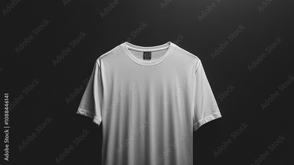 Simple mockup showcasing a plain white t-shirt on a dark background for apparel design concept Simple mockup showcasing a plain white t-shirt on a dark background for apparel design concept