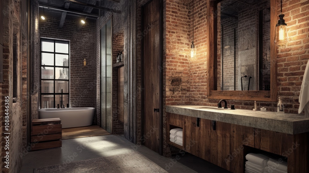 Modern rustic bathroom with exposed brick walls, distressed wood vanity, Edison bulb lighting, and industrial-style fixtures Modern rustic bathroom with exposed brick walls, distressed wood vanity, Edison bulb lighting, and industrial-style fixtures