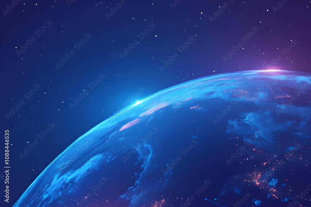 Fototapeta premium Glowing piece of planet earth in space. Global communication and data, international network. World internet connection. Cyberspace in universe, system. Neon blue light