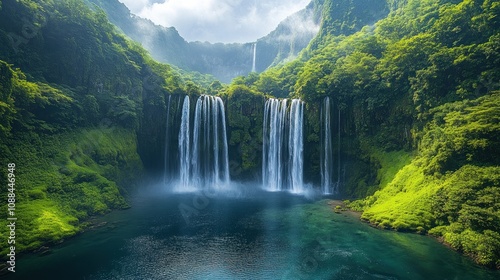 Serene Waterfall Plunging into a Lush Green Valley