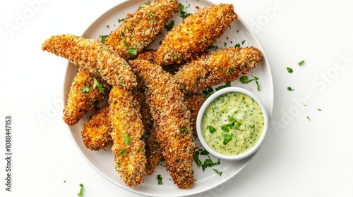 A plate of crispy avocado fries coated in panko breadcrumbs and served with a side of spicy mayo, Each fry golden and bursting with flavor photo