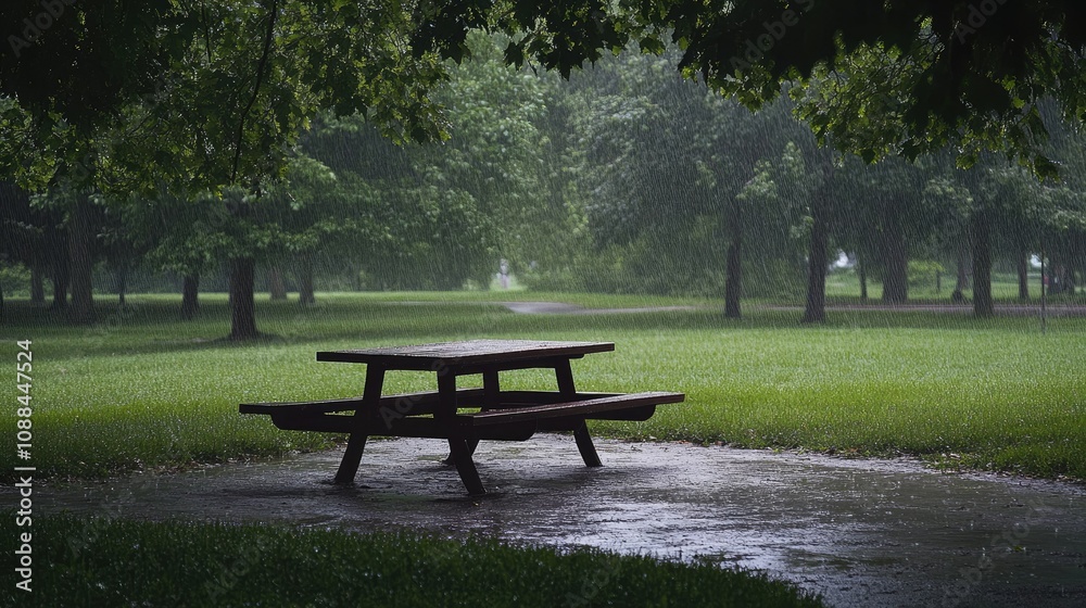 Serene Rainy Day in the Park with Picnic Table Surrounded by Lush Green Trees and Soft Rainfall Creating a Calming Atmosphere for Reflection and Relaxation Serene Rainy Day in the Park with Picnic Table Surrounded by Lush Green Trees and Soft Rainfall Creating a Calming Atmosphere for Reflection and Relaxation