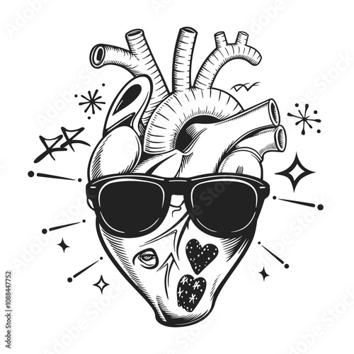 Cool Anatomical Heart with Sunglasses and Stars