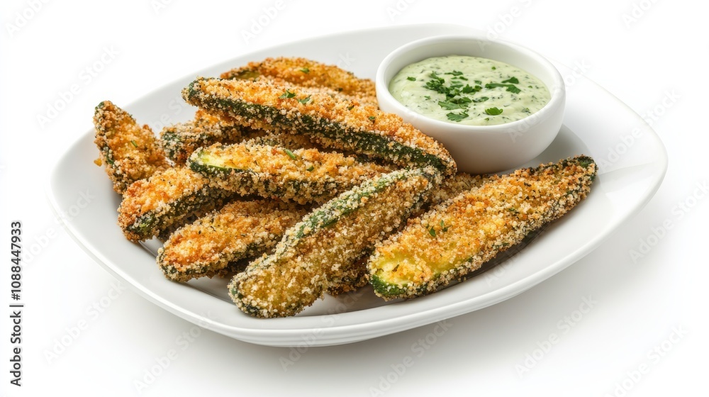 A plate of crispy avocado fries with a golden panko crust and a side of creamy cilantro lime dipping sauce, Each fry’s creamy interior and crunchy exterior captured with precision A plate of crispy avocado fries with a golden panko crust and a side of creamy cilantro lime dipping sauce, Each fry’s creamy interior and crunchy exterior captured with precision